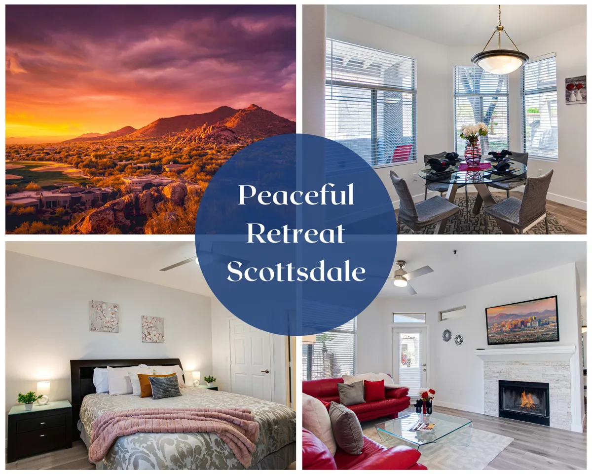 The hero image captures a warm, inviting living room with a glowing fireplace, a stylish dining area set for an intimate meal, and panoramic sunset views over the Arizona mountains visible through large windows and the patio. The scene evokes a serene, cozy ambiance ideal for relaxing evenings or social gatherings.